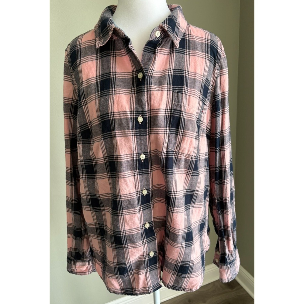 Tommy Hilfiger Womens Pink Plaid Flannel Casual Button-Up Shirt Size Large Y2K